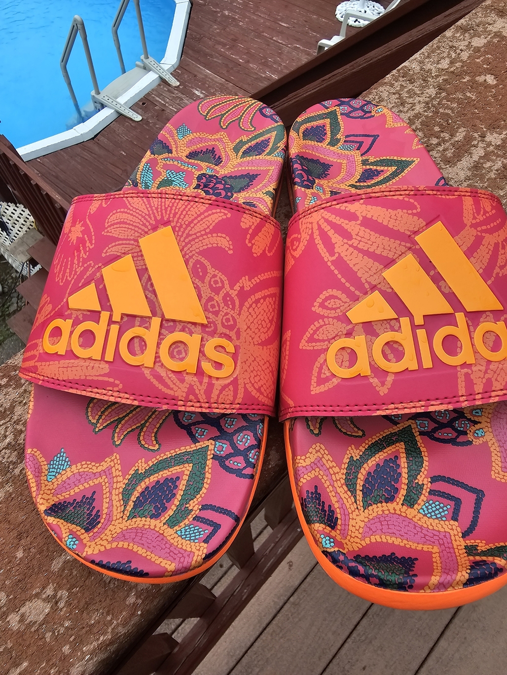 Adidas Pink & Orange Floral Slide Sandals Sz9